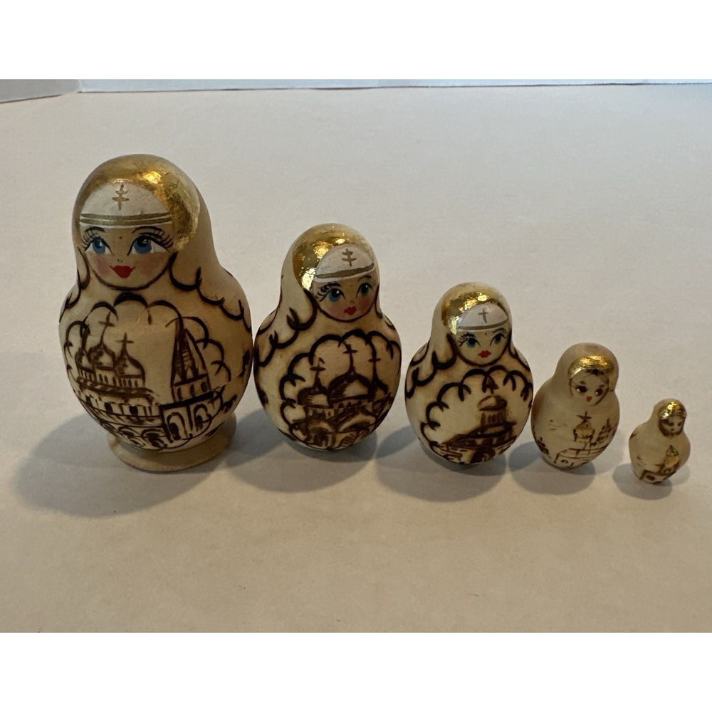 Russian Nesting Dolls Church Scenes Five Piece Birch Wood Hand Painted